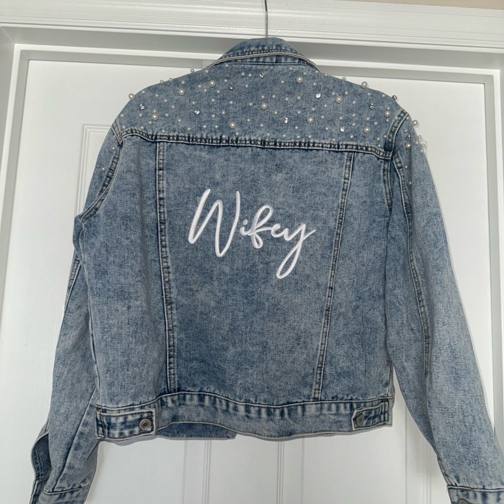 David's Bridal Blue Jean Jacket with Pearl Accents and sunglasses